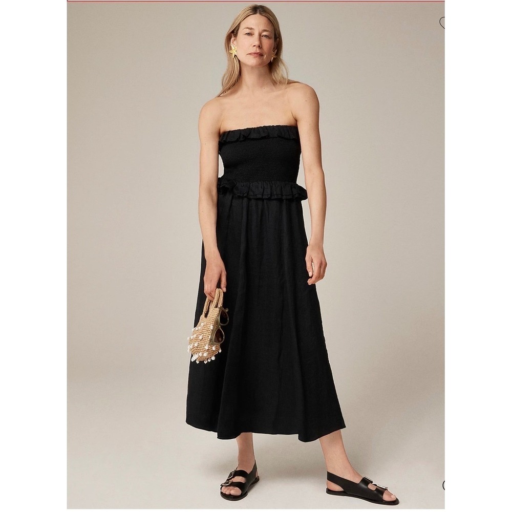 J.CREW Ravenna Dress in Ramie XS Black NEW Preppy Strapless Smocked Beach Casual